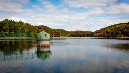 Green cylindrical water tower structure reflected in a calm lake
