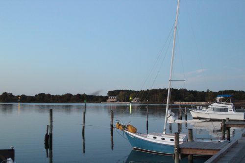Sailboat with furled yellow sail moored at a marina dock